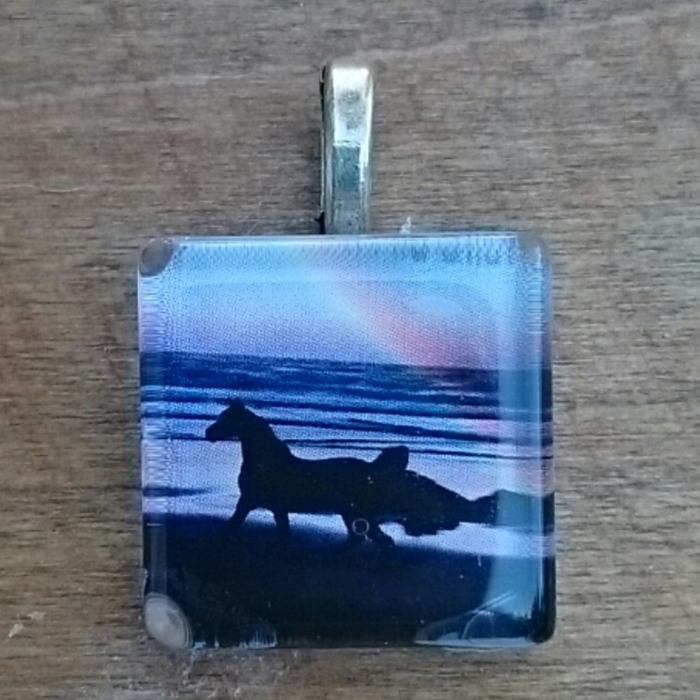 Hand Crafted Glass Tile Running Horse Beach Pendant Gift Equestrian